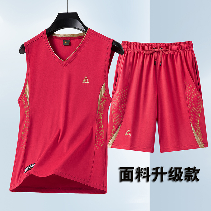 Summer New Men's All-Cotton Sleeveless Sports Suit Running Outfit Loose Large Size Vest Shorts Two-Piece Set Thin Summer New Men's All-Cotton Sleeveless Sports Suit Running Outfit Loose Large Size Vest Shorts Two-Piece Set Thin