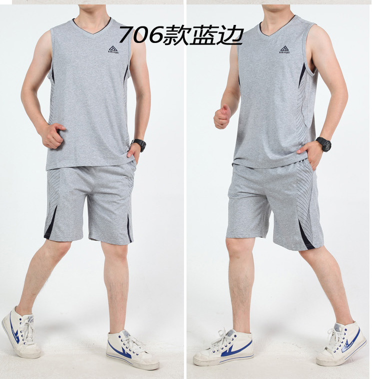 Quần áo vest thể thao phù hợp với quần áo thể thao nam mùa hè cotton tay áo sơ mi thoáng khí thể dục chạy bộ quần áo mỏng - Thể thao sau bộ thu đông adidas nam