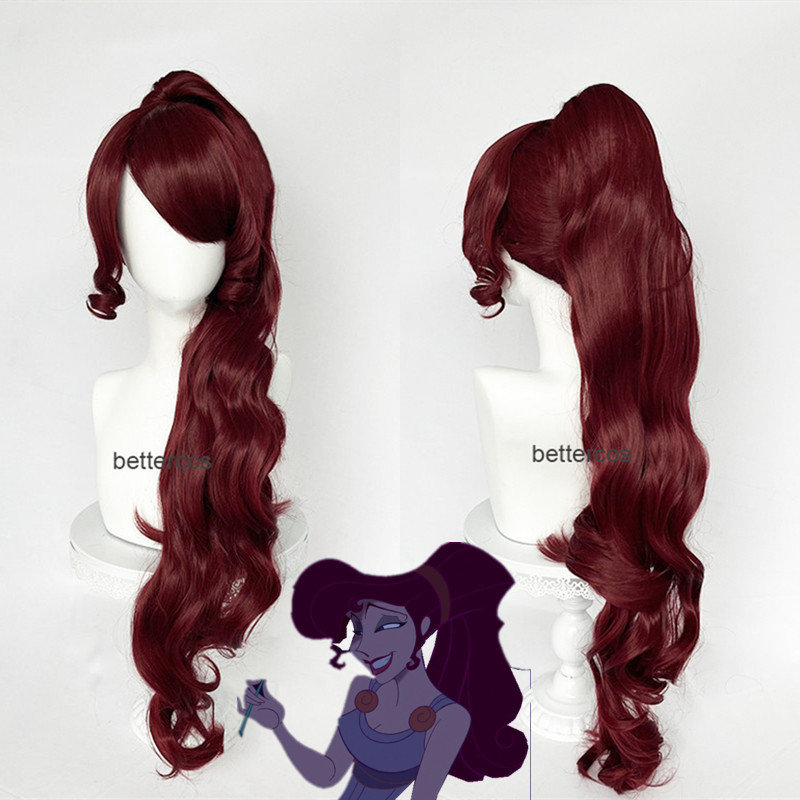Migla Hercules Dark Wine Red Long Curly Hair + Tiger Clip Ponytail Cosplay Wig B576