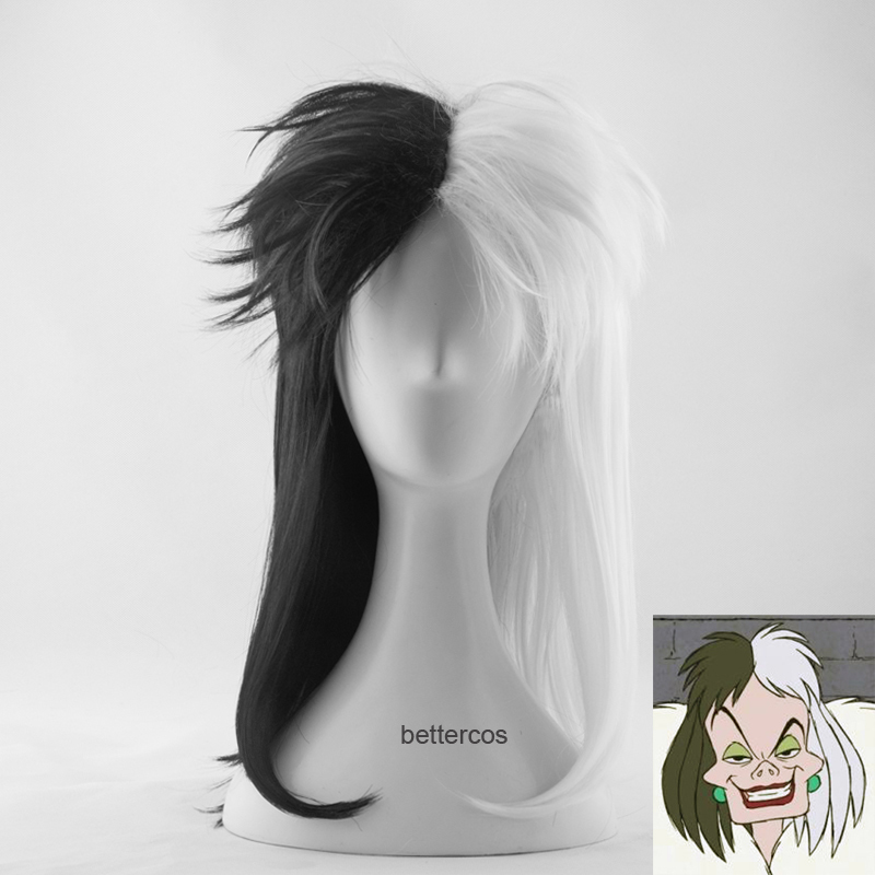 101 Dalmatian De Vil Kurella De Vil Cos Wig Black and White Shoulder Length Cosplay Fake Hair