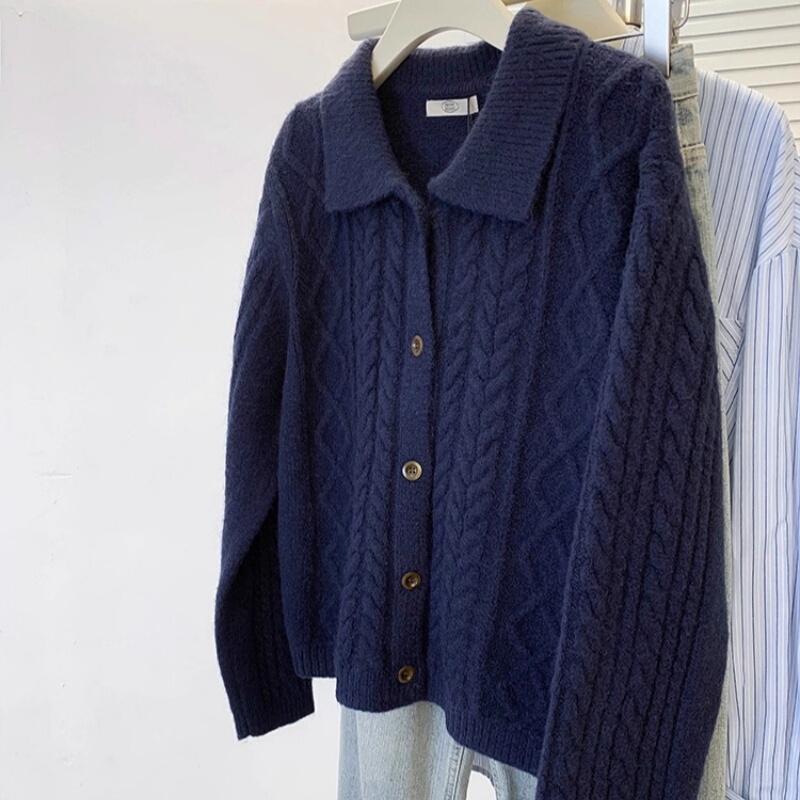 100% Pure Wool Sweater, Navy Blue, Thick Cable Knit Sweater, Korean Style Polo Collar Jacket, Casual Loose Knit Short Sweater