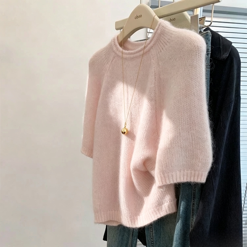 Cashmere Sweater with Brushed Round Neck, Puff Sleeves, Short Sleeves, Loose Fit, Brushed Wool Sweater, Knitted, Gentle Style, Pink Sweater Cashmere Sweater with Brushed Round Neck, Puff Sleeves, Short Sleeves, Loose Fit, Brushed Wool Sweater, Knitted, Gentle Style, Pink Sweater