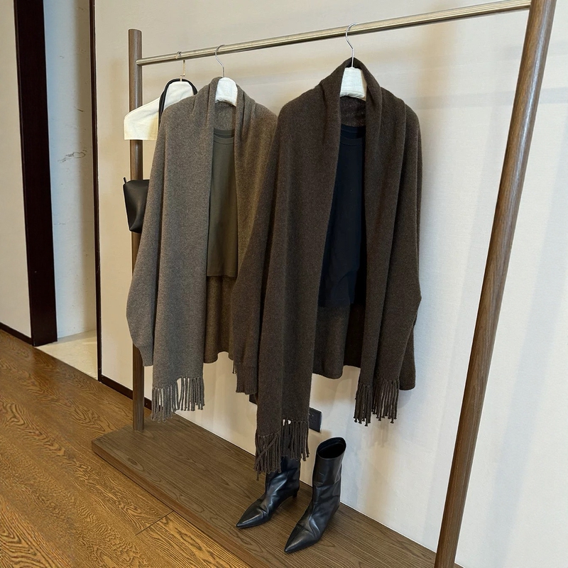100% Pure Wool Shawl with Tassels, Batwing Sleeves, Cape Coat, Designer Outerwear, Elegant Oversized Scarf Cardigan