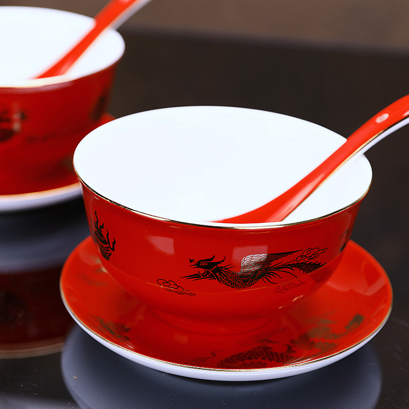 Jinqiu Town Jingdeg Longfeng Wedding Bowl 6 heads suit Chinese red ceramic bowl festive marriage to bowl