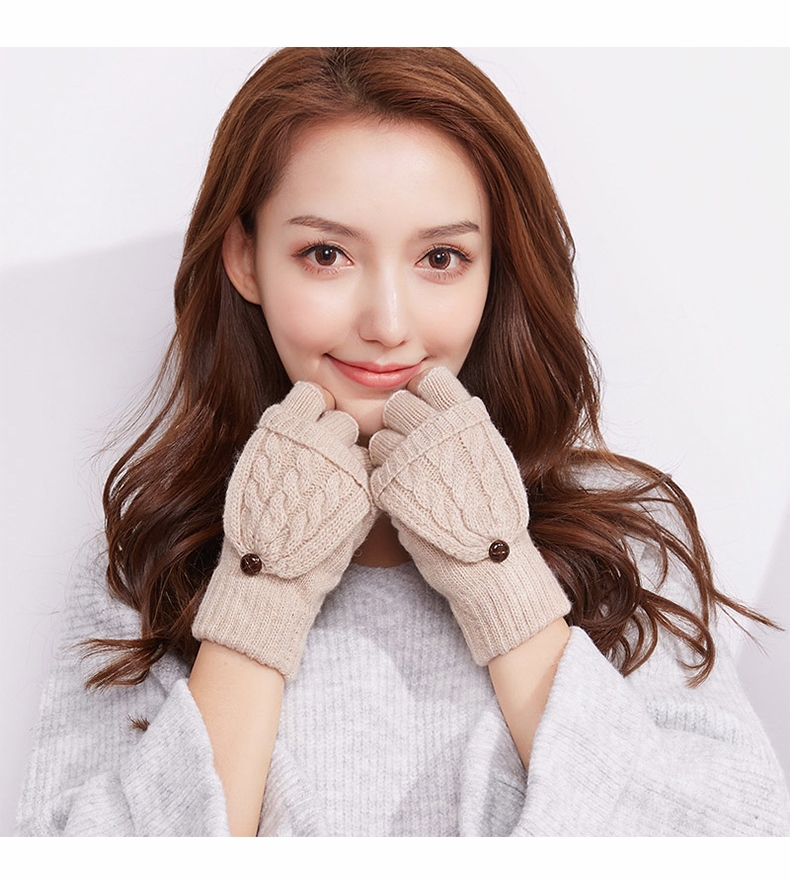 Dép nửa ngón tay phụ nữ mùa thu và mùa đông ngọt ngào dày đàn hồi đan găng tay ấm lái xe lật găng tay bao tay da