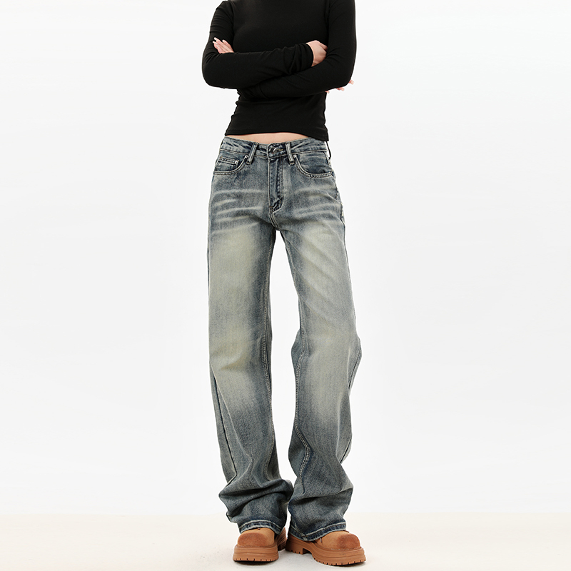 Fkug American Retro Low-Waist Jeans for Women, Spring and Summer High Street Washed Whiskered Vintage Narrow Loose Straight Pants