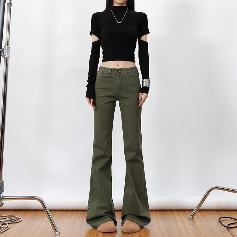 Fkug American Retro Green Low-Waist Flared Denim Cargo Pants for Women, Spring and Autumn, Stretchy, Slim-Fit, Floor-Length Pants