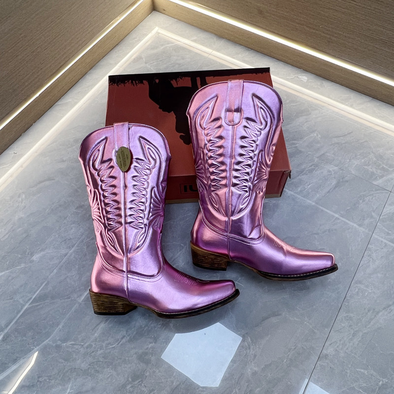 Западные Boots 高品质外贸原单粗跟刺绣亮色时尚复古西部靴大码中筒牛仔靴马丁靴 OTHER