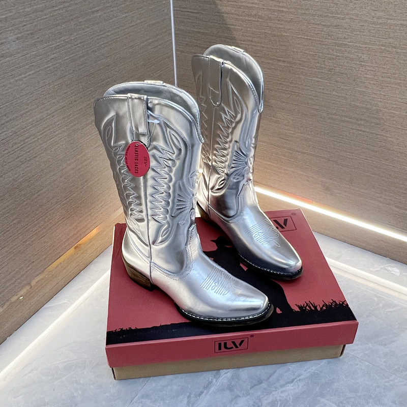 Западные Boots 高品质外贸原单粗跟刺绣亮色时尚复古西部靴大码中筒牛仔靴马丁靴 OTHER