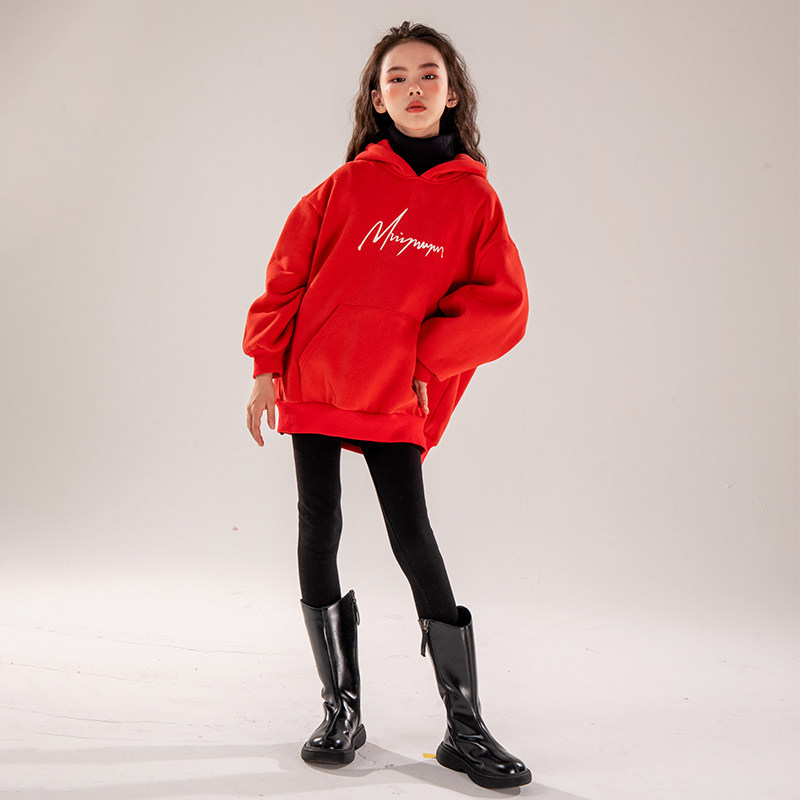 Rain Star Rain Girl Child thick T-shirt plus suede autumn winter 2021 new CUHK Scout Lianhood Thickened Red Blouse Tide