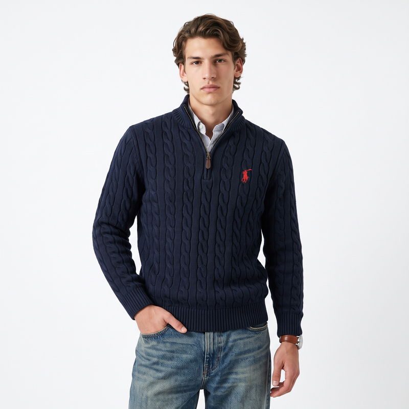Guangong Lauren's New Autumn and Winter Knitwear, Italian Old Money Style, Small Horse Embroidery, Half-High Collar, Cable Knit, Pure Cotton Sweater Guangong Lauren's New Autumn and Winter Knitwear, Italian Old Money Style, Small Horse Embroidery, Half-High Collar, Cable Knit, Pure Cotton Sweater