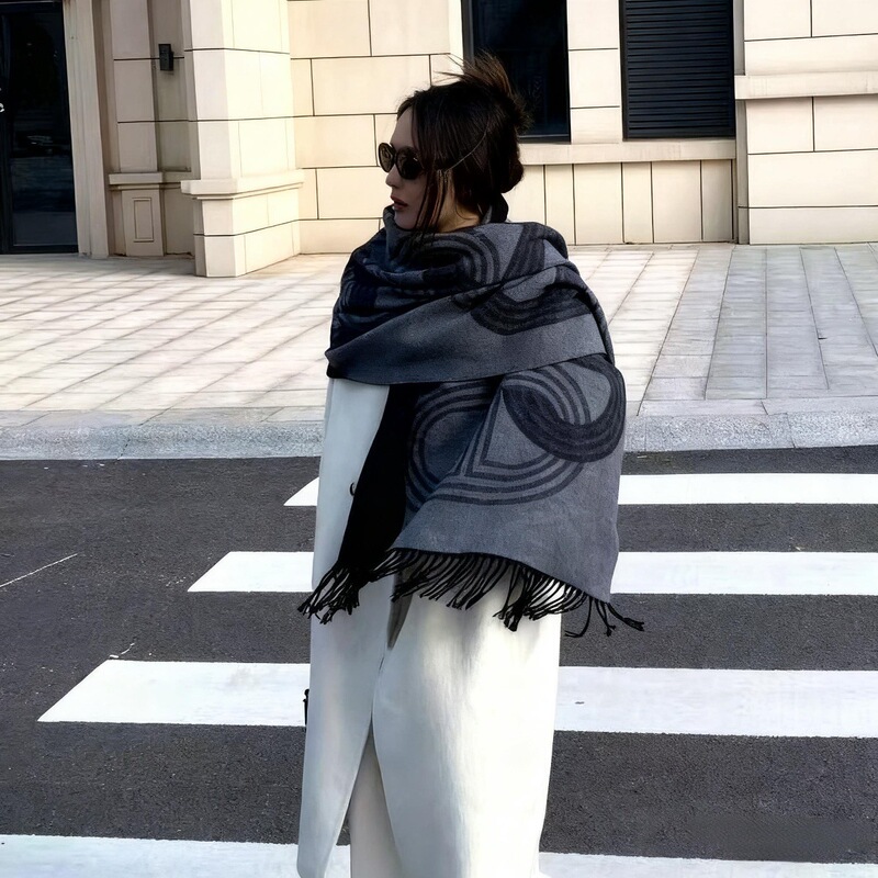 Gray Black and Gray Lock-Button Double-Sided Wool Scarf for Men and Women, Winter Shawl, Dual-Use, Thickened, Warm, Long Neck Scarf