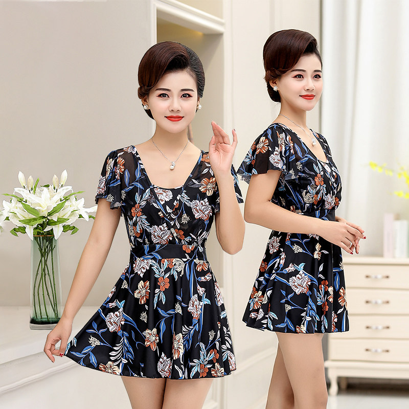 Swimsuit female mother model middle-aged and elderly people consate conservative cover belly slim swimsuit soaking hot spring large size sleeved swimsuit