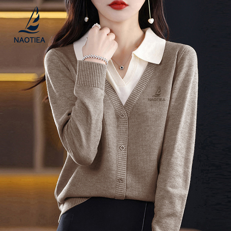 Naotier Small Sailboat Style Lapel Fake Two-Piece Knitted Shirt for Women 2026 Spring and Autumn New Style Slimming Sweater