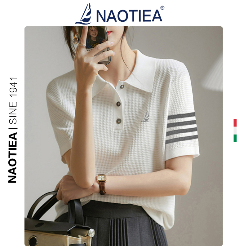 Naotier Small Sailboat Style Short-Sleeve Knit Polo Shirt for Women, Summer Thin Loose-Fitting Chanel-Inspired T-Shirt