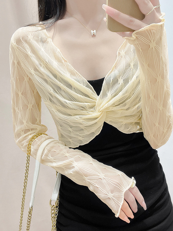 Sun Protection Lace Shawl for Women, Summer Wear with Slip Dress, Outerwear Cover-Up, Autumn Mesh Long-Sleeve Versatile Small Jacket, Cape