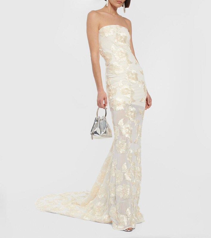 French-Style Light Luxury Strapless Mesh Embroidered Slim-Fit Long Train Evening Dress for Socialite Parties