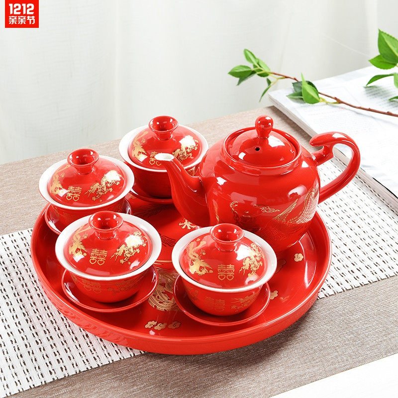 4 toast cups Wedding set Dragon and Phoenix double celebration pair of cups Red tea set three-color cover bowl Ceramic Chinese teapot