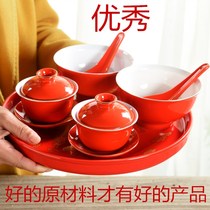 Wedding crisp teacup teacup tea set festive all red wedding Chinese gold line pair bowls porcelain round tray