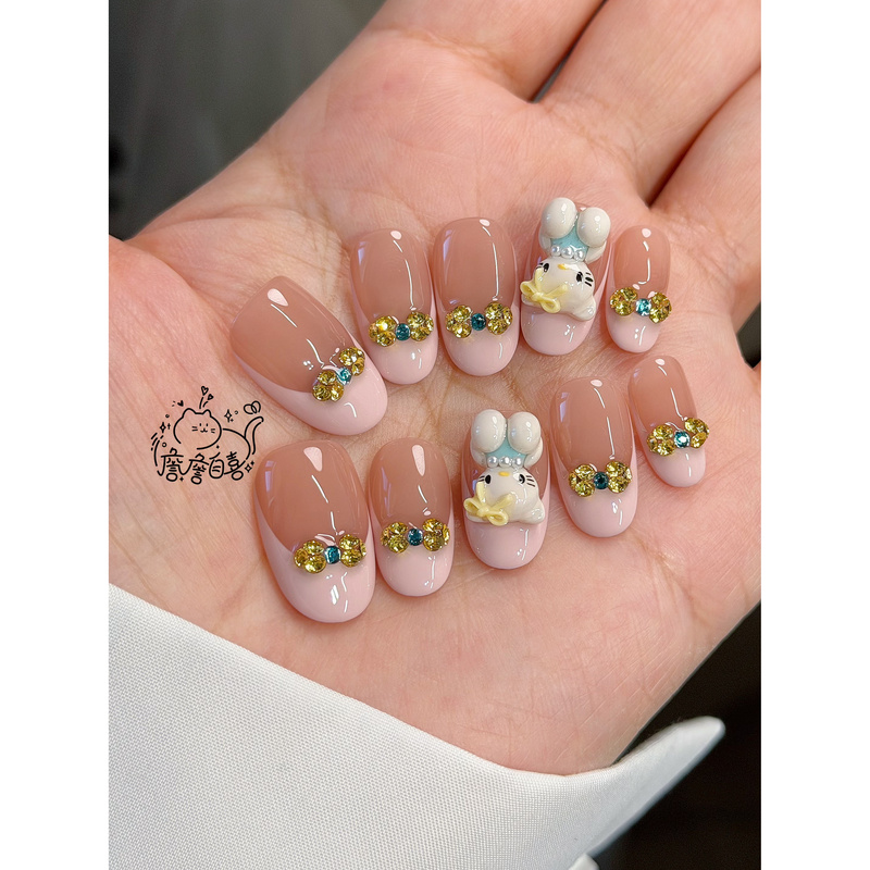 【Zhan Zhan Is Pleased with Himself】Swarovski | Leather Pink French Style, Blue and Yellow Color-Blocking with Rhinestones, Kitty Pinch-On Nails.