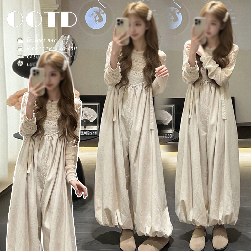 Maternity Overalls Set 2026 Spring and Autumn New Style Loose Slimming Knit Top + Versatile Lantern Pants Two-Piece Set