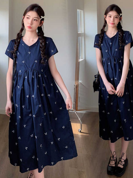 Maternity Wear Summer Loose-Fitting Age-Reducing Embroidered Dress 2026 New Style Petite High-Waisted Slimming Mid-Length Dress — 5