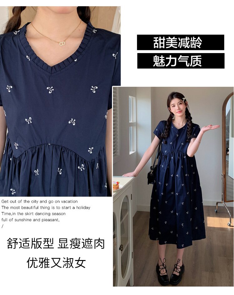 孕妇装夏季宽松减龄刺绣连衣裙2026新款小个子高腰显瘦中长款裙子 — 4