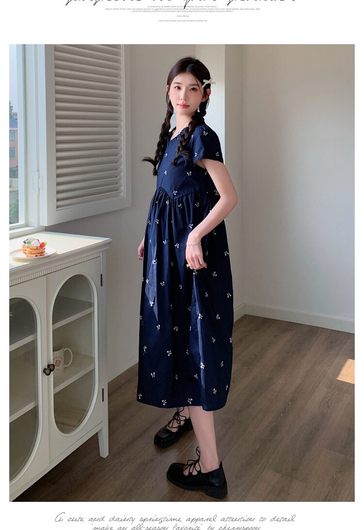 孕妇装夏季宽松减龄刺绣连衣裙2026新款小个子高腰显瘦中长款裙子 — 18