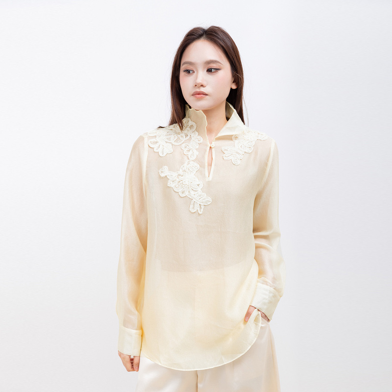 Gentle Style Stand-Up Collar Lace Shirt with Three-Dimensional Floral Embellishments on the Shoulders, Slightly Sheer, Lightweight, Long-Sleeved, Versatile Blouse