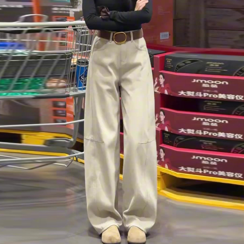 Narrow Fit Fleece-Lined Scimitar Jeans for Women 2026 New Winter American Style High-Waisted Slimming Trendy Wide-Leg Pants