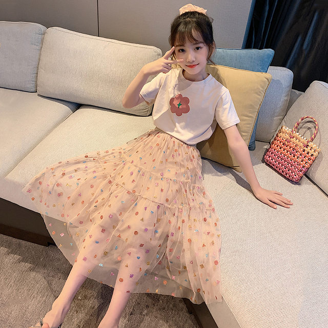 Children's clothing girls net red suit 2023 summer new middle and big children's short-sleeved T-shirt + long mesh skirt western style