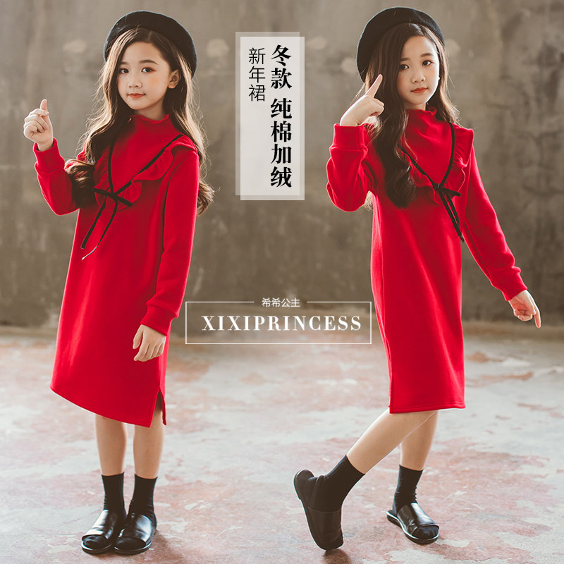 2019 Winter-style children's dress Children's New Year dress Girl with high collars and thickened red foreign princess warm dress