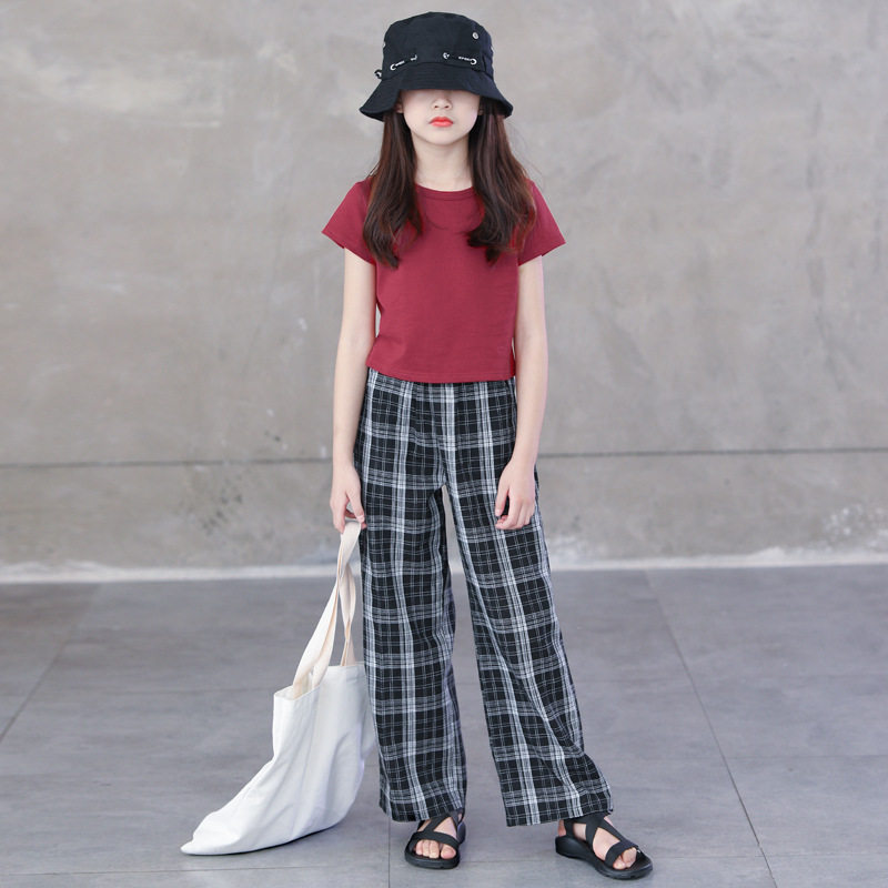 Spring and summer girls thin elastic waist casual fashion retro plaid casual pants big children's trousers loose straight pants