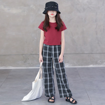 Spring and summer girls thin elastic waist casual fashion retro plaid casual pants big childrens trousers loose straight pants