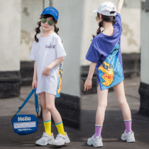 Girls long style foreign air T-shirt dress 2022 summer dress new CUHK child short sleeve casual printed long T-shirt parent-child