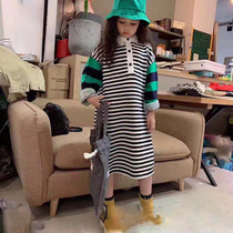 Girls loose striped dress 2019 autumn new medium and large childrens childrens shirt collar Western casual skirt parent-child