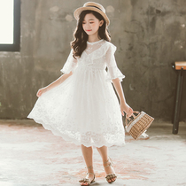 Child dress girl CUHK Scout Princess Leia Liandress Child short sleeve pure cotton web yarn lace white gown dress