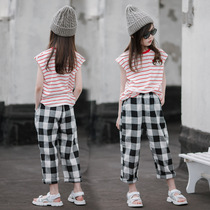 Girls loose cotton and linen lattice pants in childrens thin trousers 2020 Summer girls wear anti-mosquito pants parent-child