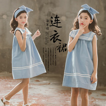 2019 girls Korean summer dress cotton college style dress for children Navy wind vest dress Princess dress