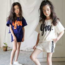 Girls Set Summer 2019 New Tong Childrens foreign style letters cotton cotton short-sleeved shorts sports set tide