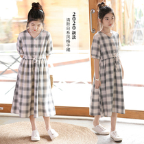 2020 Summer girls CUHK Childrens Day Faculty Loose Comeback Collection Waist Drawing Rope V Collar Plaid Long full cotton one-piece dress