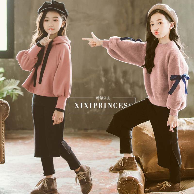 2021 Autumn Winter Children's Clothing Girl Plus Suede Hoodie Sweatshirt CUHK Children Child Loose Blouses Wide Leg Casual Pants Suit
