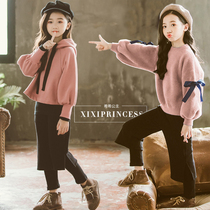 2021 autumn and winter childrens clothing girl plus suede cap sweatshirt CUHK child loose blouses wide leg casual pants suit