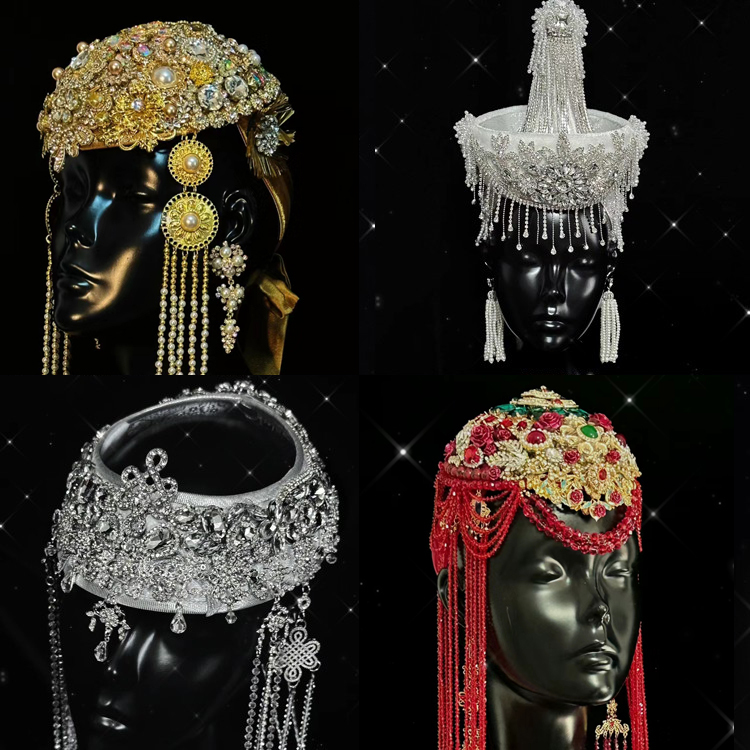 Ethnic Minority Characteristic Mongolian Women's Adult High Hat Performance Bride Retro Wedding Long Tassel Hand-Beaded