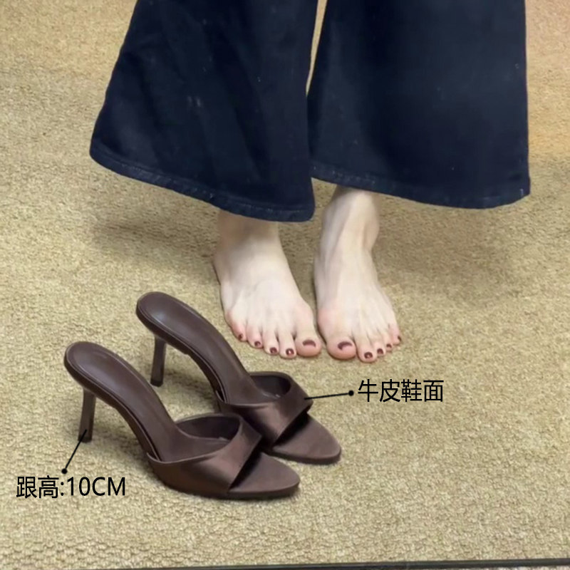 Cowhide Version of High-End Brown One-Line Stiletto 10cm Sandals for Women, Elegant High-Heeled Mules for Outdoor Wear, Commuting Shoes Cowhide Version of High-End Brown One-Line Stiletto 10cm Sandals for Women, Elegant High-Heeled Mules for Outdoor Wear, Commuting Shoes