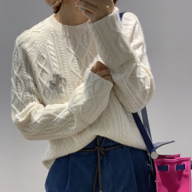Autumn and Winter New Style French High-End Cable Knit Sweater for Women, Loose, Soft, Lazy Style, Wool Round Neck Cable Knit Sweater