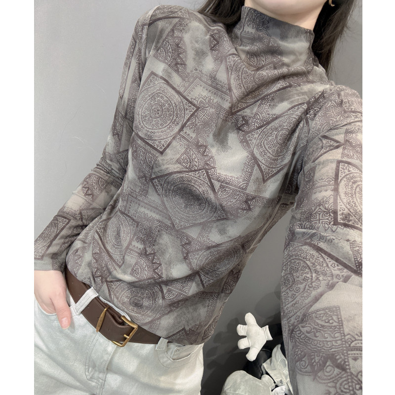 秋と冬のファッションプリントボトリングシャツ長袖女性のヨーロッパ弾性タイトメッシュインナーハーフタートルネック Tシャツトップ