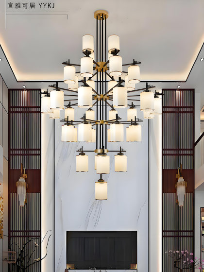 New Chinese-Style Villa with a Large Chandelier in the Open Living Room, Modern Chinese Style 6m Loft Duplex Apartment Hotel Restaurant Light