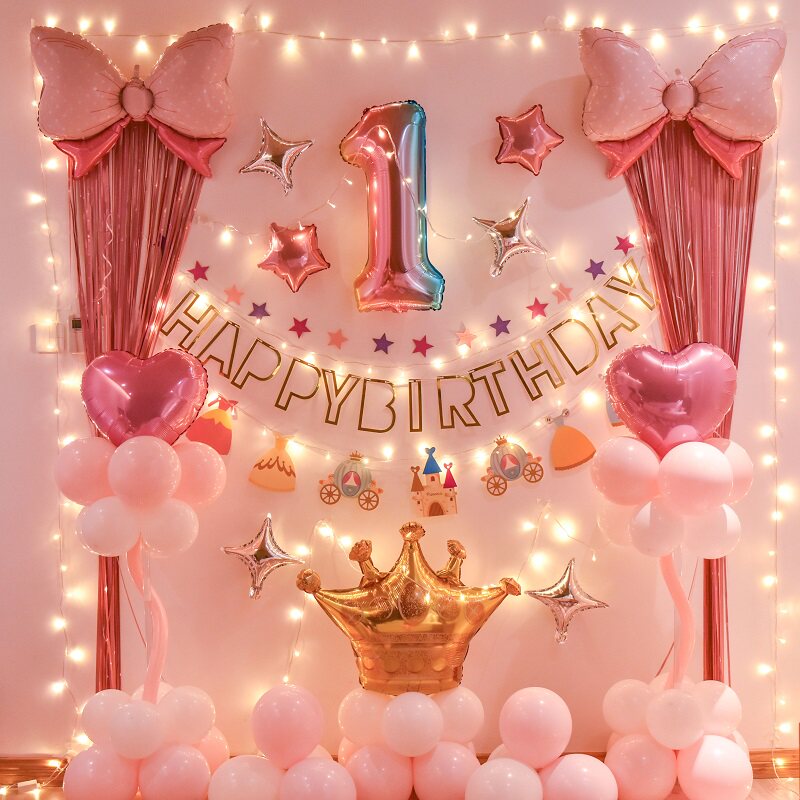 Net red girl baby happy birthday balloon decoration year-old scene decoration Children girl party background wall
