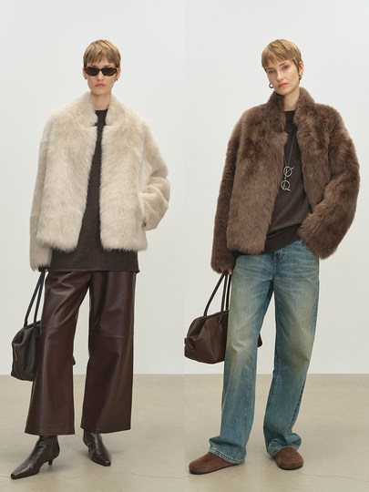 MSBEAST urban casual stand-up collar silhouette Tuscan straight fur one-piece jacket丨Rachel Xingge